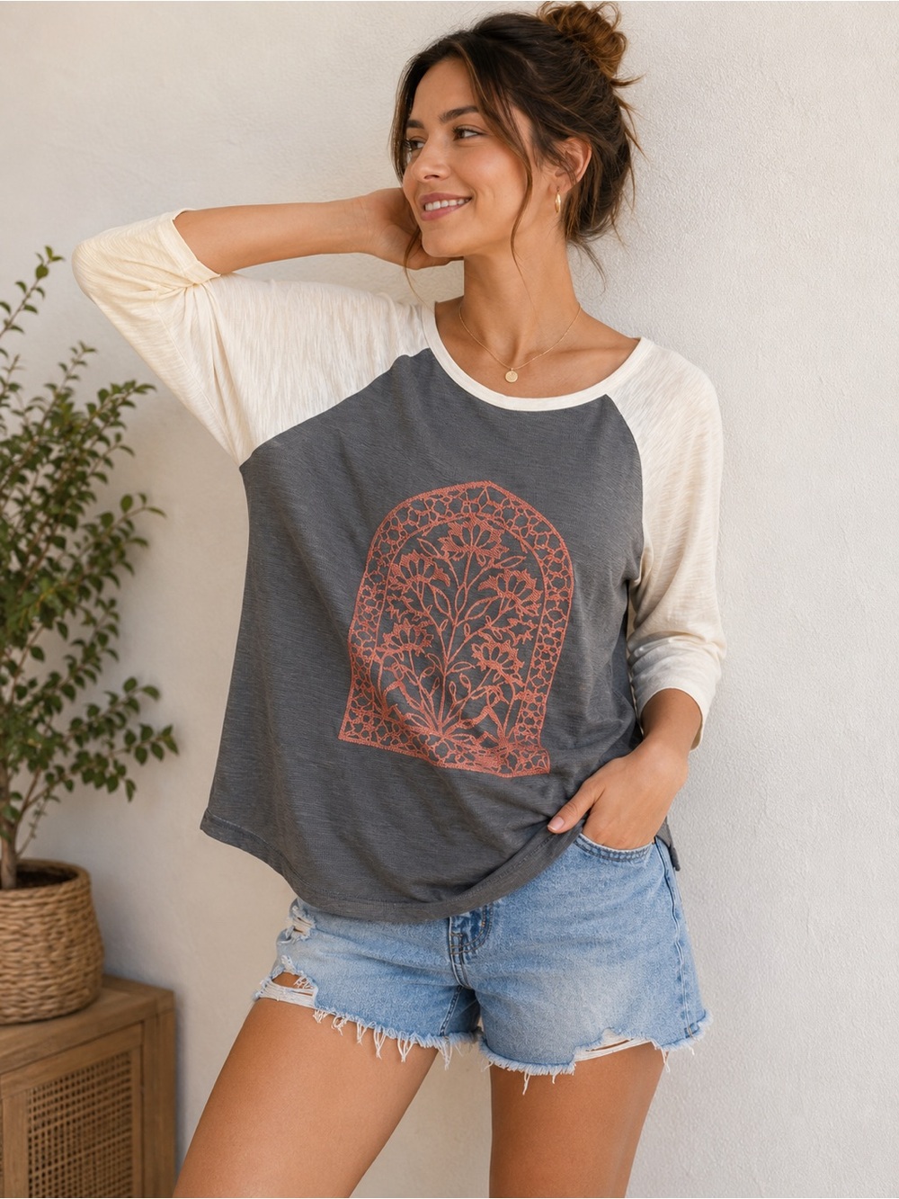entro Charcoal & Cream Raglan Top with Rust Floral Graphic